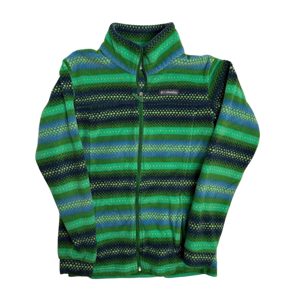 Columbia Fleece Jacket Green Blue Striped Full Zip Youth Size L 14 16